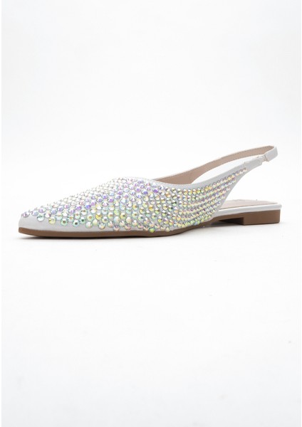 Ida Gümüş Renkli Taşlı Sivri Burun Arkası Açık Kadın Babet Ayakkabı fırsatları