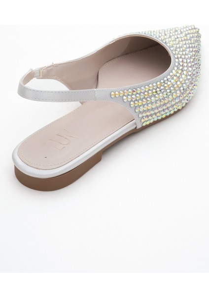 Ida Gümüş Renkli Taşlı Sivri Burun Arkası Açık Kadın Babet Ayakkabı indirimleri