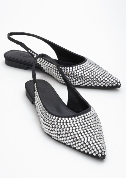 Ida Siyah Gümüş Taşlı Sivri Burun Arkası Açık Kadın Babet Ayakkabı