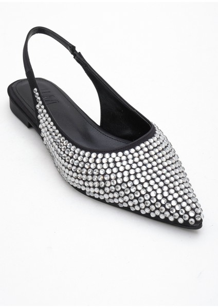 Ida Siyah Gümüş Taşlı Sivri Burun Arkası Açık Kadın Babet Ayakkabı modelleri