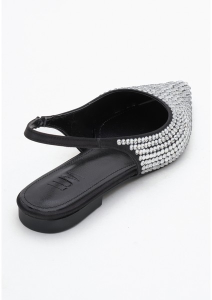 Ida Siyah Gümüş Taşlı Sivri Burun Arkası Açık Kadın Babet Ayakkabı indirimleri