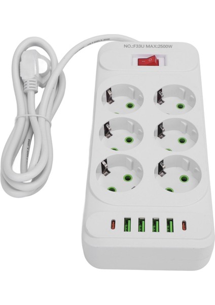 Güç Şeridi 6 Çıkış 4 USB 2 Tip C Portu Duvara Monte Edilebilir Güç Soketi Anahtar ve 2m Uzatma Kablosu (Yurt Dışından)