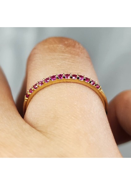 Gümüş Yüzük - 0.25 Karat Ruby Taşlı Yarım Tur Minimal Tasarım 925 Ayar Gümüş Yüzük
