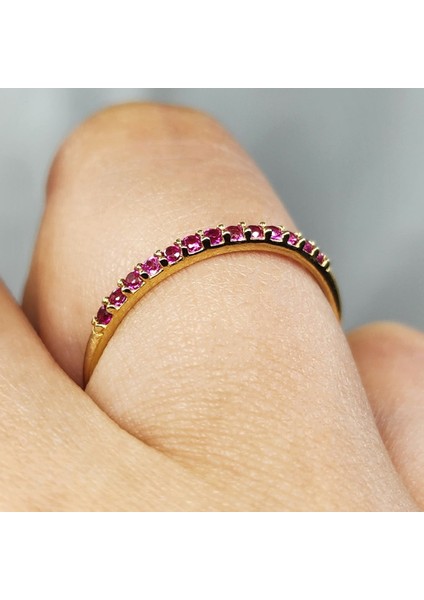 Gümüş Yüzük - 0.25 Karat Ruby Taşlı Yarım Tur Minimal Tasarım 925 Ayar Gümüş Yüzük