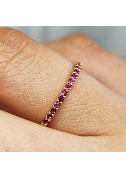 Gümüş Yüzük - 0.25 Karat Ruby Taşlı Yarım Tur Minimal Tasarım 925 Ayar Gümüş Yüzük