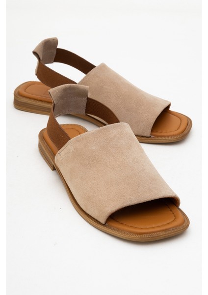 Fuela Bej Süet Hakiki Deri Lastikli Kadın Sandalet