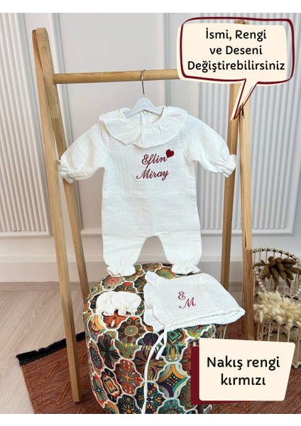 Insta Bebe Yenidoğan Müslin Hastane Çıkışı Isim Nakışlı Tulum Şapka Eldiven Mevlüt Seti %100 Pamuk 0-3 Ay