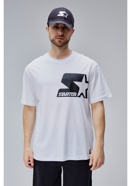 Mahone Beyaz Bisiklet Yaka Baskılı Oversize Erkek Tshirt