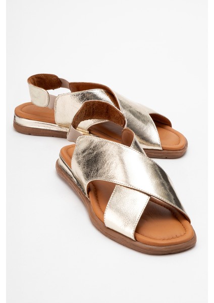 706 Hakiki Deri Altın Cilt Kadın Sandalet