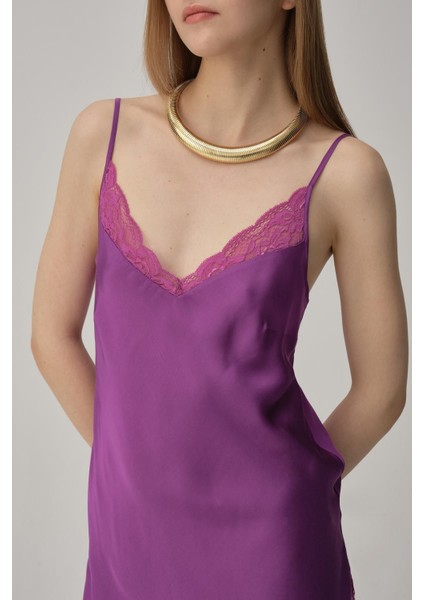 Vegan Ipek Saten Kadın Gecelik Sabahlık Takımı - LX.25221 Violet