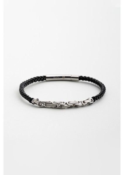 Siyah Vegan Deri Çelik Erkek Bileklik