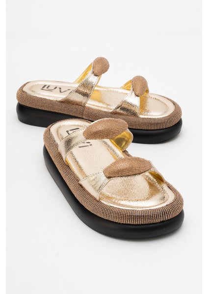 Fınery Altın Taşlı Tokalı Kadın Kalın Tabanlı Terlik