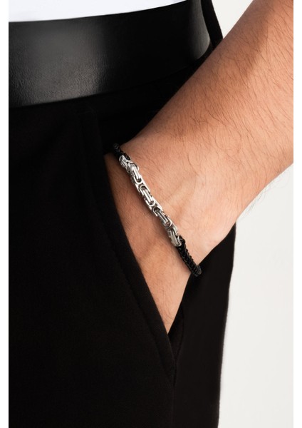 Siyah Vegan Deri Çelik Erkek Bileklik fiyatları