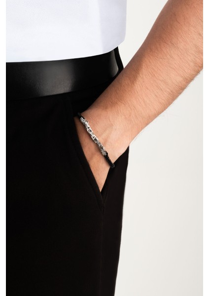 Siyah Vegan Deri Çelik Erkek Bileklik fırsatları