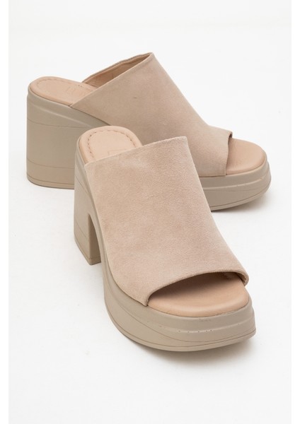 Nola Bej Süet Hakiki Deri Kadın Platform Topuklu Terlik