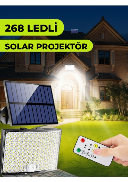 HL-5177 268 Ledli Solar Projektör 60W Güneş Enerjili Hareket Sensörlü LED Projektör - Beyaz Işık