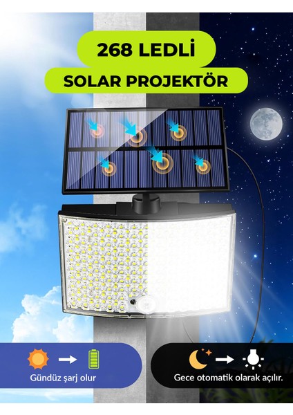 HL-5177 268 Ledli Solar Projektör 60W Güneş Enerjili Hareket Sensörlü LED Projektör - Beyaz Işık