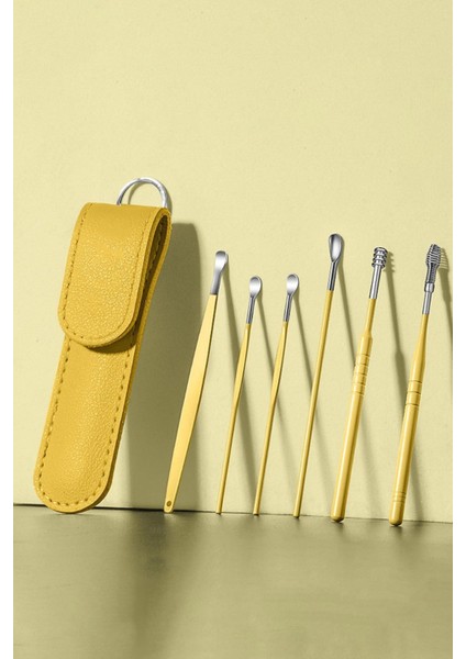 Şık Sarı Deri Çantalı 6 Parça Çelik Kulak Temizleme Seti