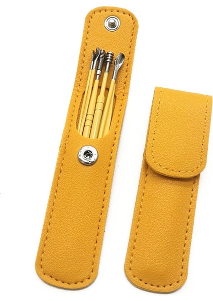 Şık Sarı Deri Çantalı 6 Parça Çelik Kulak Temizleme Seti fırsatları