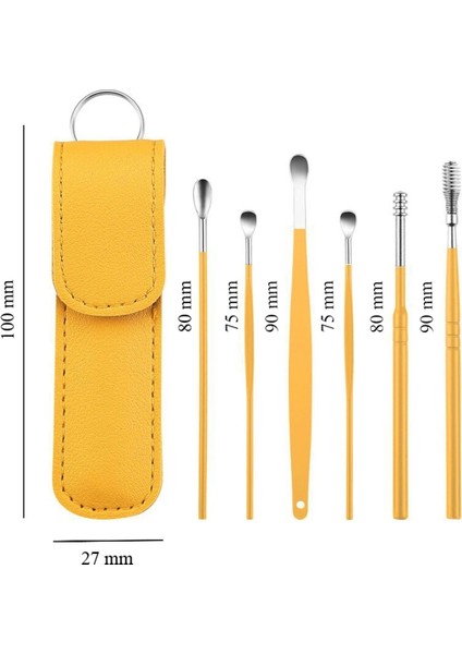 Şık Sarı Deri Çantalı 6 Parça Çelik Kulak Temizleme Seti indirimleri