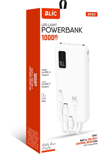 Bpb4 10.000MAH LED Işıklı Powerbank Beyaz | 4 Cihaz Aynı Anda Şarj | Dahili 3in1 Kablo fiyatları