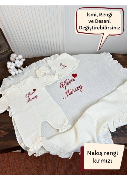 Insta Bebe Yenidoğan Müslin Hastane Çıkış Seti Isimli Nakışlı %100 Pamuk (Battaniye Tulum Şapka Eldiven 0-3 Ay )