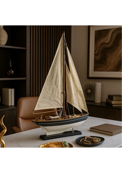 El Yapımı Dekoratif Yelkenli Ahşap Gemi Maket – Ahşap ve Kumaş Detaylı Tasarım (40-60CM)