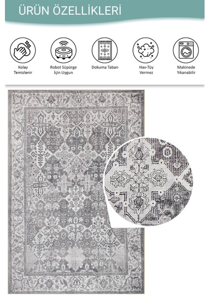 Stonart Eskitme Vintage Desenli Gri Otantik Yıkanabilir Şönil Halı Al 446 fırsatları