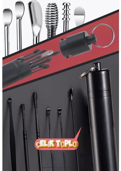 Yıkanabilir Siyah Paslanmaz Çelik Kulak Temizleme Seti, 7 Parça, Hijyenik ve Güvenli