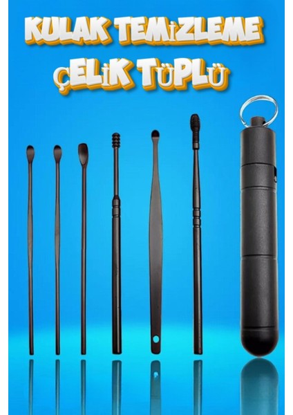Yıkanabilir Siyah Paslanmaz Çelik Kulak Temizleme Seti, 7 Parça, Hijyenik ve Güvenli fırsatları