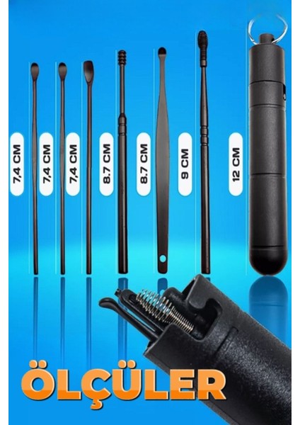 Yıkanabilir Siyah Paslanmaz Çelik Kulak Temizleme Seti, 7 Parça, Hijyenik ve Güvenli indirimleri