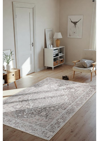 Stonart Klasik Eskitme Vintage Desenli Otantik Yıkanabilir Gri/kahverengi Halı Al 444