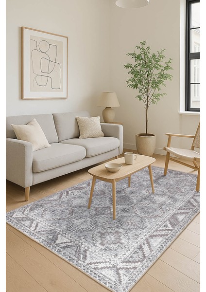Stonart Eskitme Vintage Desenli Gri Otantik Yıkanabilir Şönil Halı Al 445
