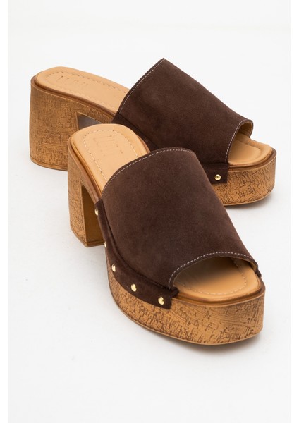 Pull Kahverengi Süet Hakiki Deri Kadın Platform Topuklu Terlik