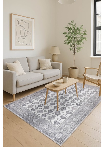 Stonart Eskitme Vintage Desenli Bej/gri Otantik Yıkanabilir Şönil Halı Al 448