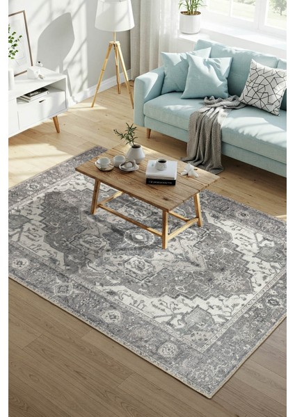 Stonart Eskitme Vintage Desenli Açık Gri Otantik Yıkanabilir Şönil Halı Al 450