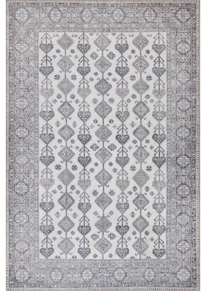 Stonart Eskitme Vintage Desenli Bej/gri Otantik Yıkanabilir Şönil Halı Al 448