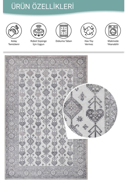 Stonart Eskitme Vintage Desenli Bej/gri Otantik Yıkanabilir Şönil Halı Al 448