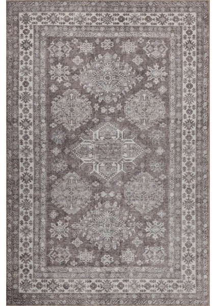 Stonart Eskitme Vintage Desenli Kahverengi Otantik Yıkanabilir Şönil Halı Al 449