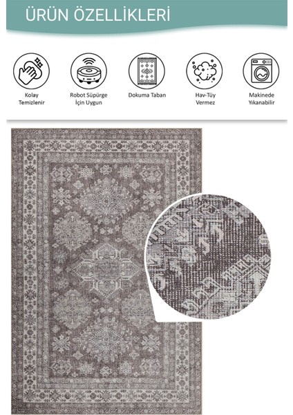 Stonart Eskitme Vintage Desenli Kahverengi Otantik Yıkanabilir Şönil Halı Al 449