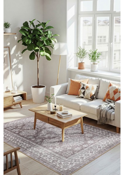 Stonart Eskitme Vintage Desenli Kahverengi Otantik Yıkanabilir Şönil Halı Al 449