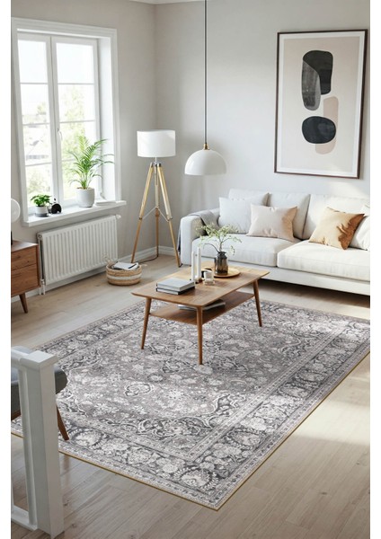 Stonart Eskitme Vintage Desenli Gri Otantik Yıkanabilir Şönil Halı Al 451