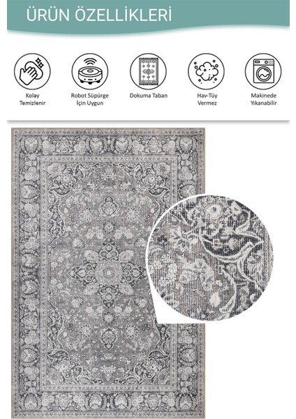 Stonart Eskitme Vintage Desenli Gri Otantik Yıkanabilir Şönil Halı Al 451