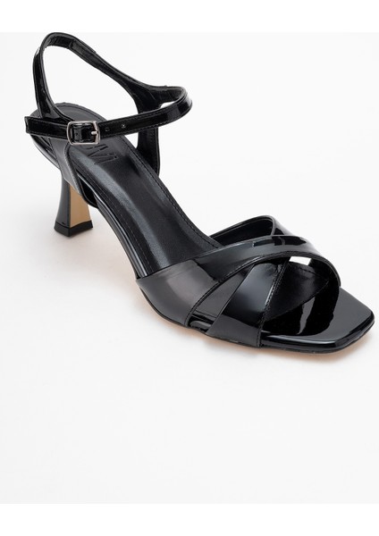 Melin Siyah Rugan Çapraz Bantlı Kadın Topuklu Ayakkabı modelleri