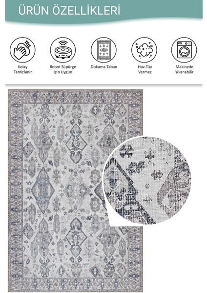 Stonart Eskitme Vintage Desenli Gri Otantik Yıkanabilir Şönil Halı Al 452