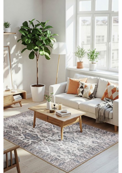 Stonart Eskitme Vintage Desenli Gri Otantik Yıkanabilir Şönil Halı Al 452