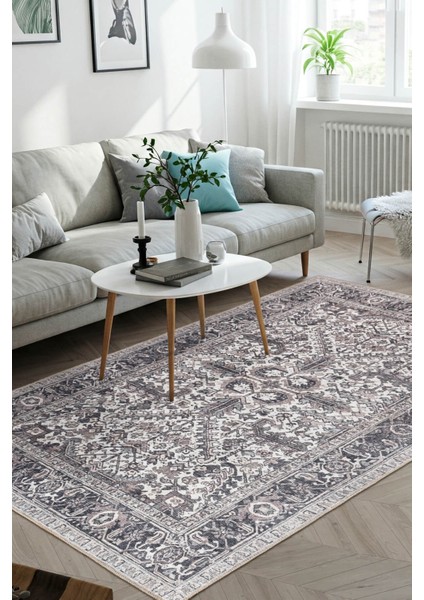 Stonart Eskitme Vintage Desenli Gri Otantik Yıkanabilir Şönil Halı Al 453