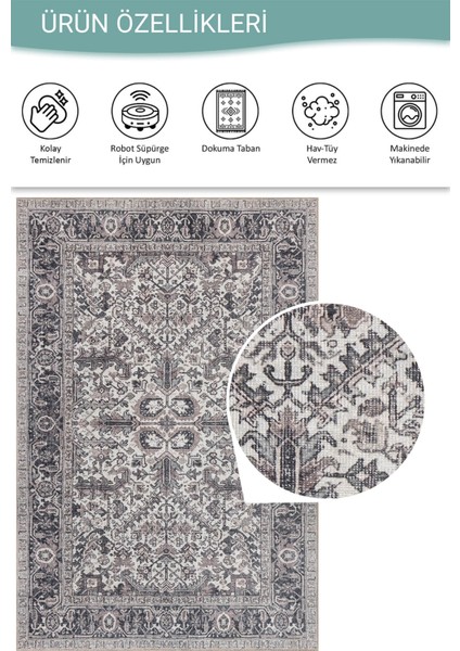 Stonart Eskitme Vintage Desenli Gri Otantik Yıkanabilir Şönil Halı Al 453
