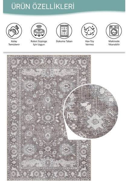 Stonart Eskitme Vintage Desenli Kahverengi Otantik Yıkanabilir Şönil Halı Al 454