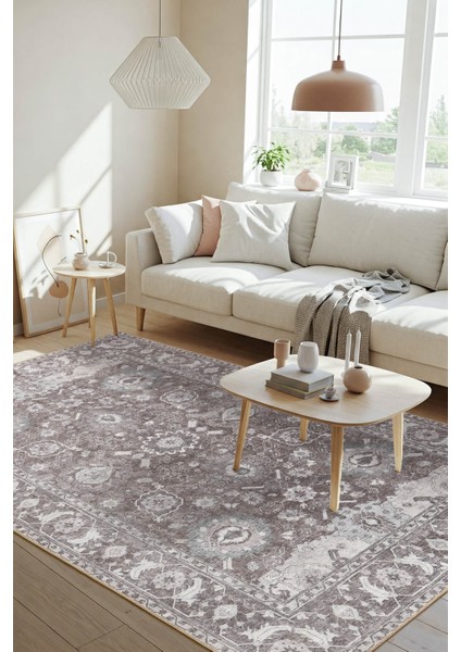 Stonart Eskitme Vintage Desenli Kahverengi Otantik Yıkanabilir Şönil Halı Al 454